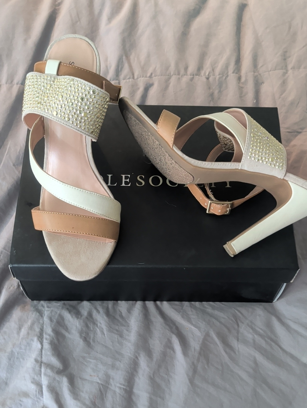 Sole Society Beige and White Gem-Embellished Suede High-Heel Sandals